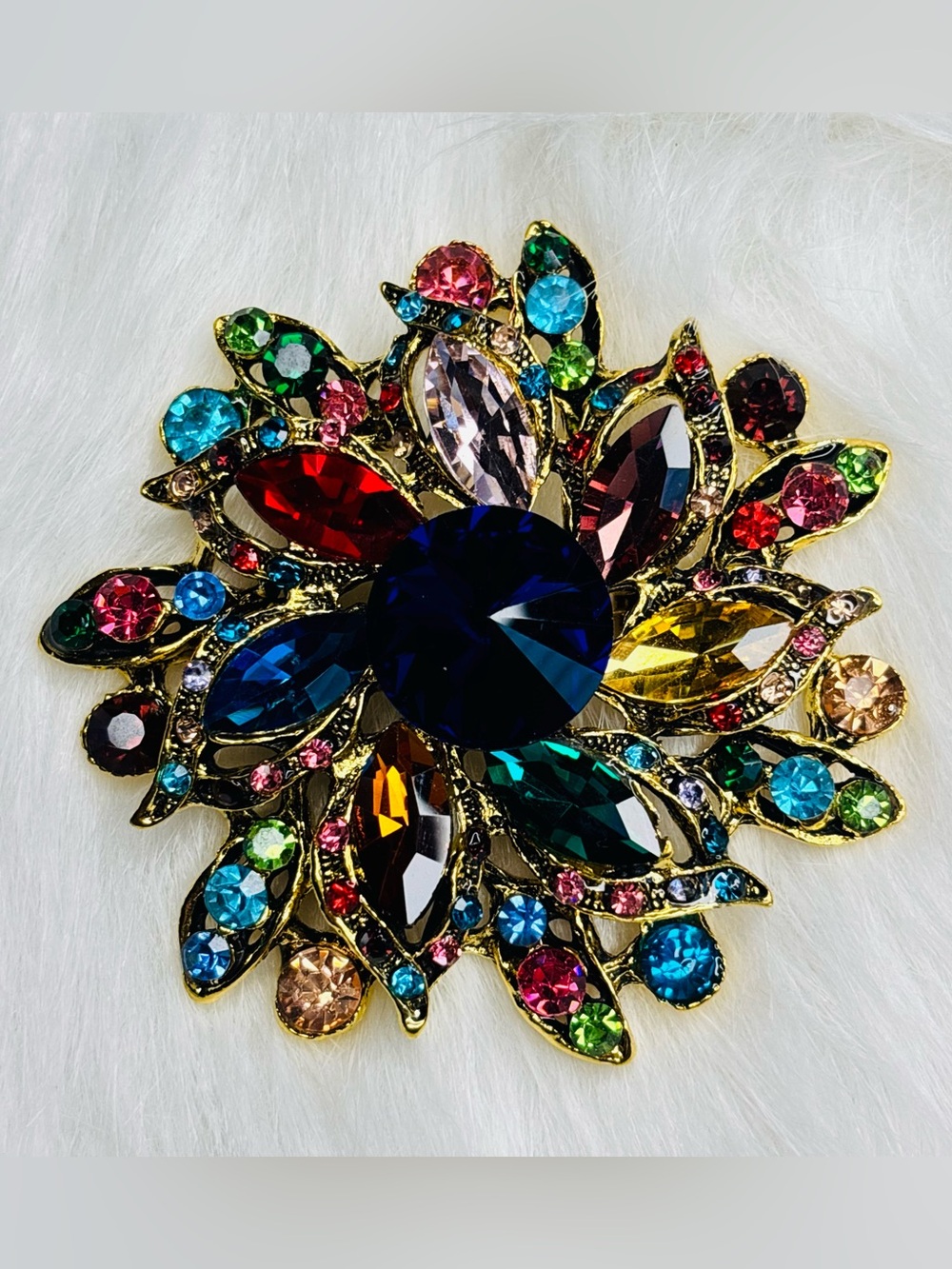 Oversized Multicolor Rhinestone Statement Brooch Gold Tone